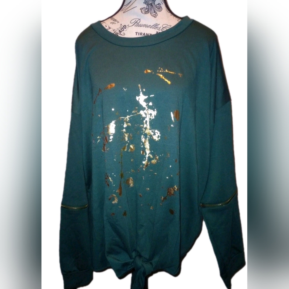 UPS & DOWNS Emerald Green Gold Foil Splatter Top 3X